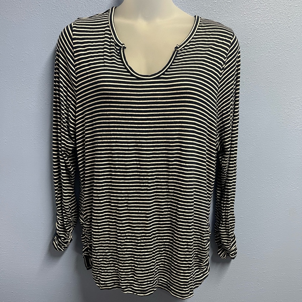 DEMOCRACY NAVY/WHITE STRIPED LONG SLEEVE TOP LADIES PLUS SIZE 3X